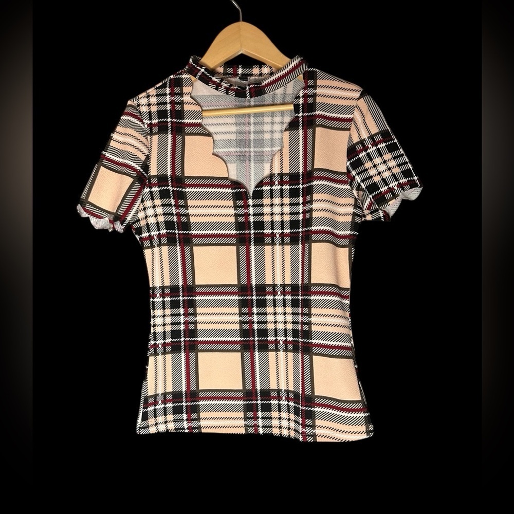 Plaid Scallop-Trim Women's Top
